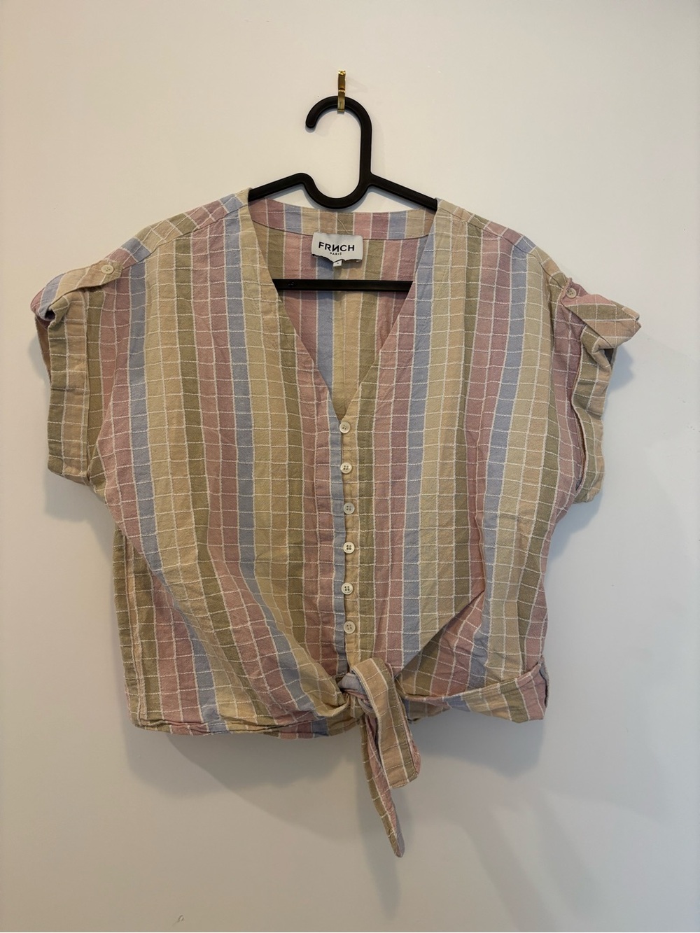FRNCH Pastel Striped Tie-Front Button-Down Top